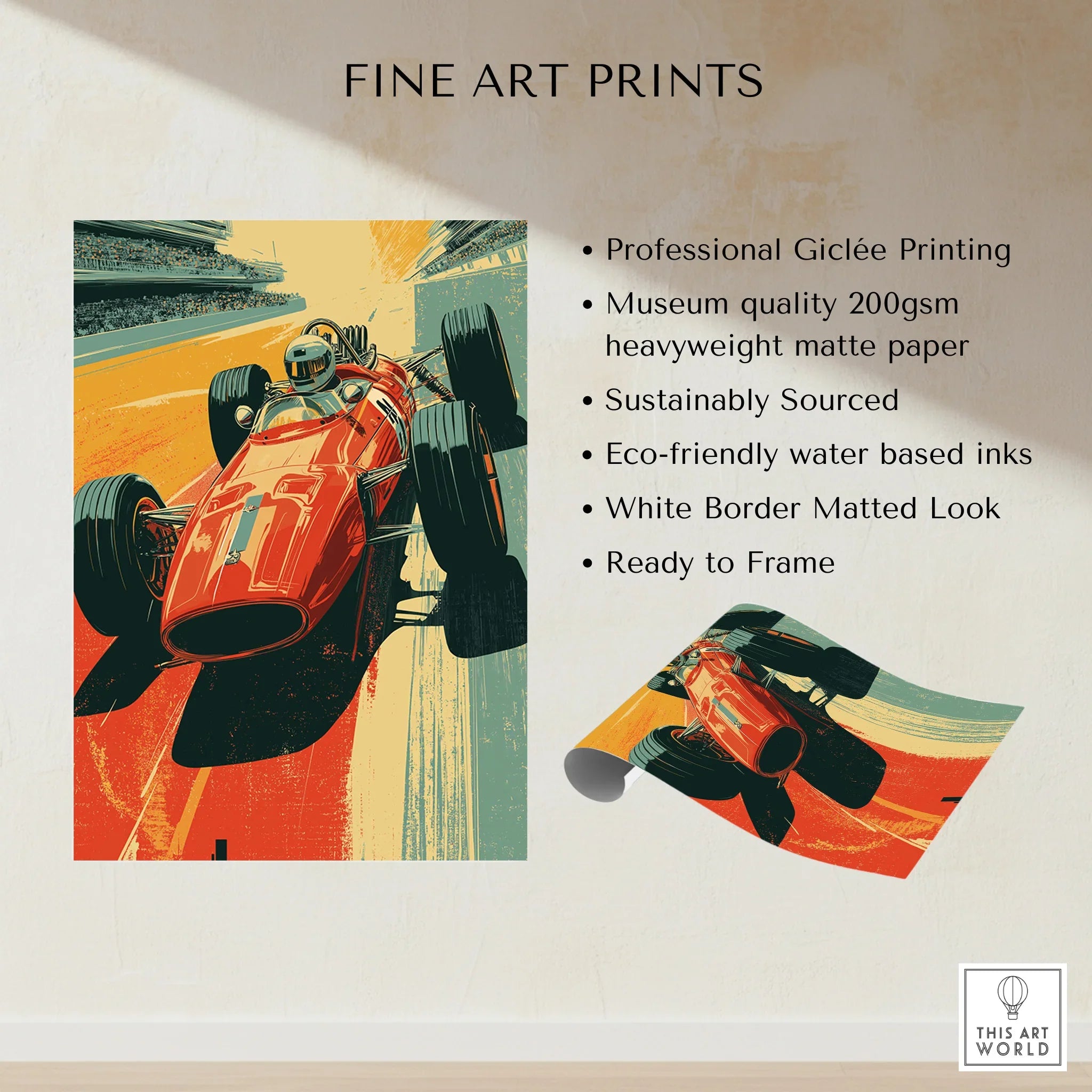 Vintage race car wall art print showcasing a red grand prix car on matte paper.