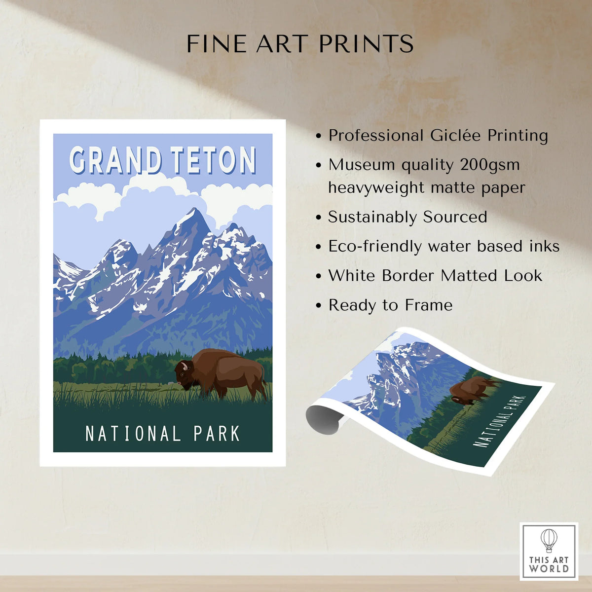 Grand Teton National Park art print featuring mountain landscape and bison, unframed with matte finish.