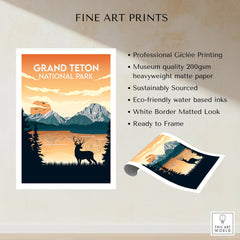 Grand Teton National Park fine art print with deer, mountain landscape, and orange sunset