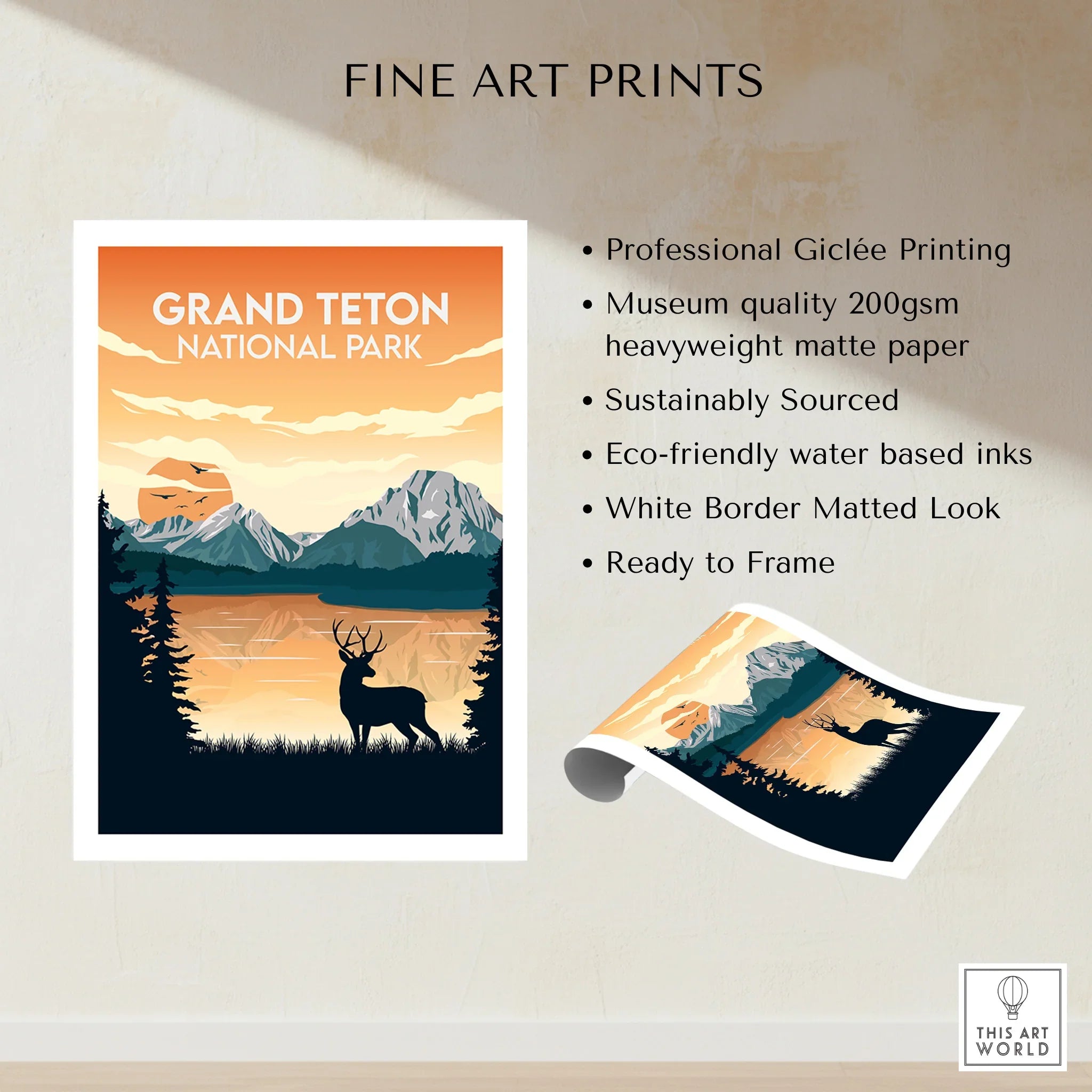 Grand Teton National Park fine art print with deer, mountain landscape, and orange sunset