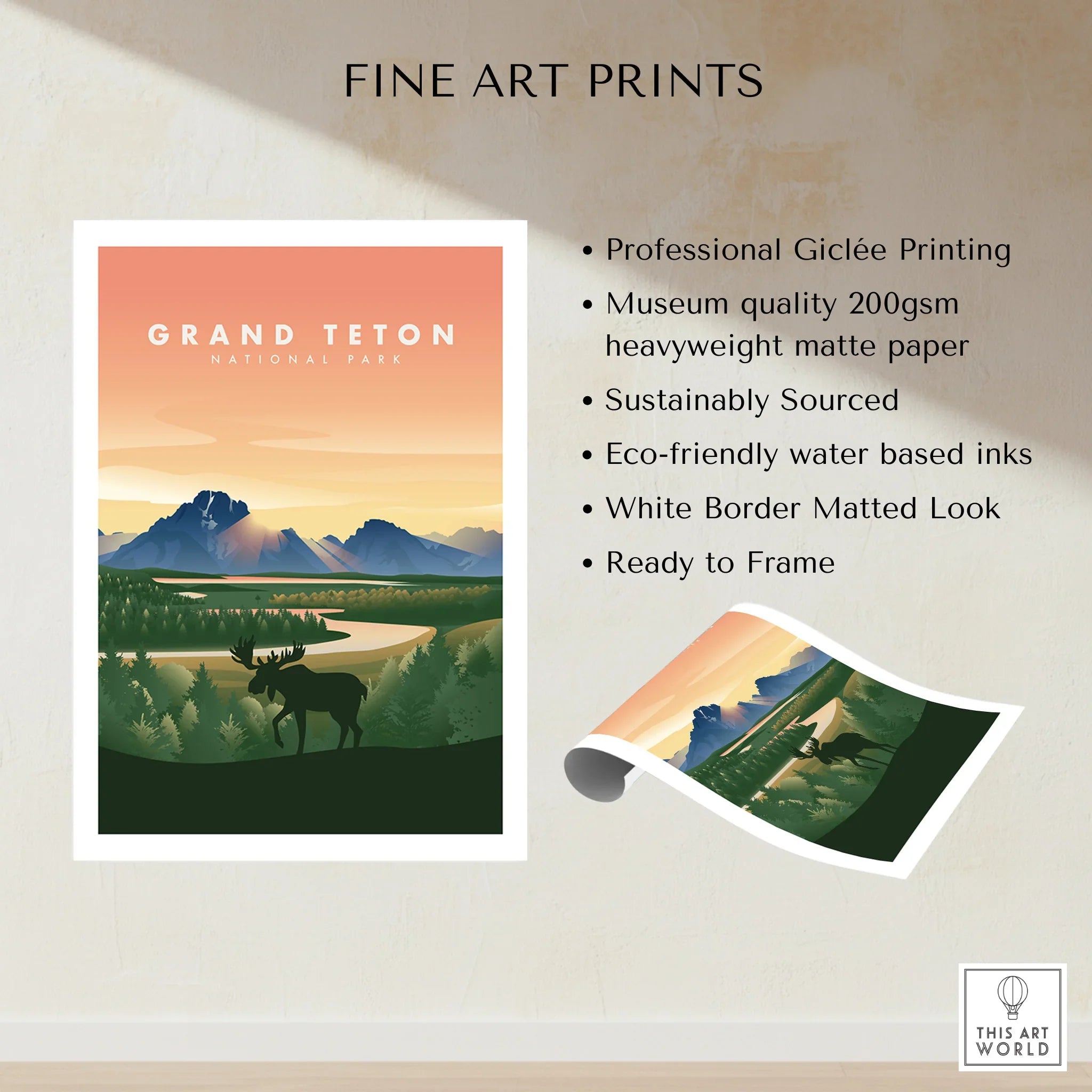 Grand Teton National Park fine art print with silhouette moose, mountain and river landscape