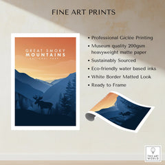 Great Smoky Mountains National Park print with moose silhouette, mountain sunset, and product features.
