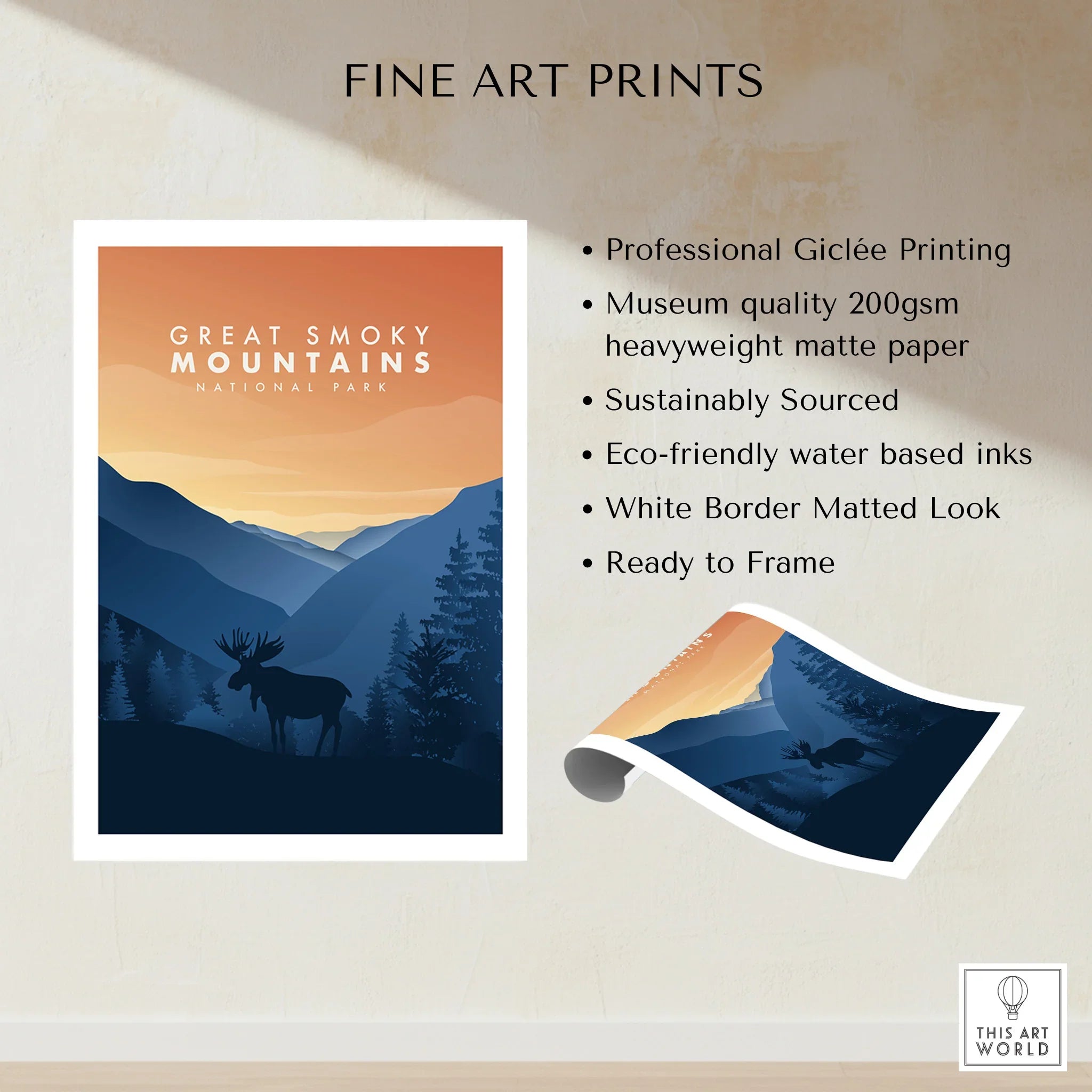 Great Smoky Mountains National Park print with moose silhouette, mountain sunset, and product features.