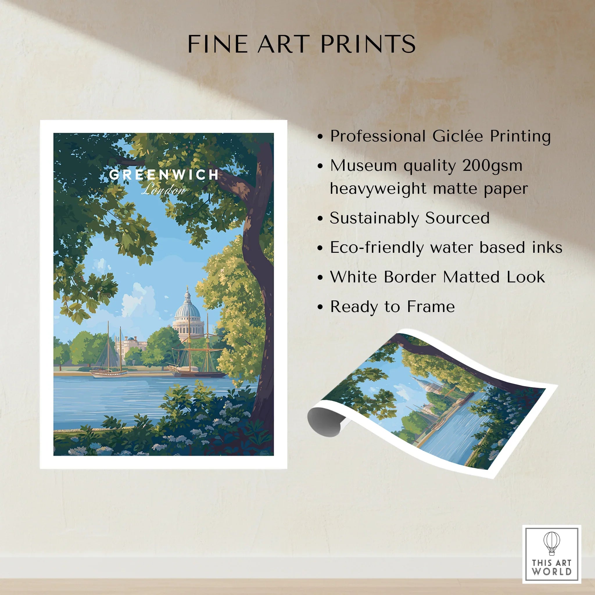 Greenwich London art print with river, boats, and dome, unframed, eco-friendly features listed.