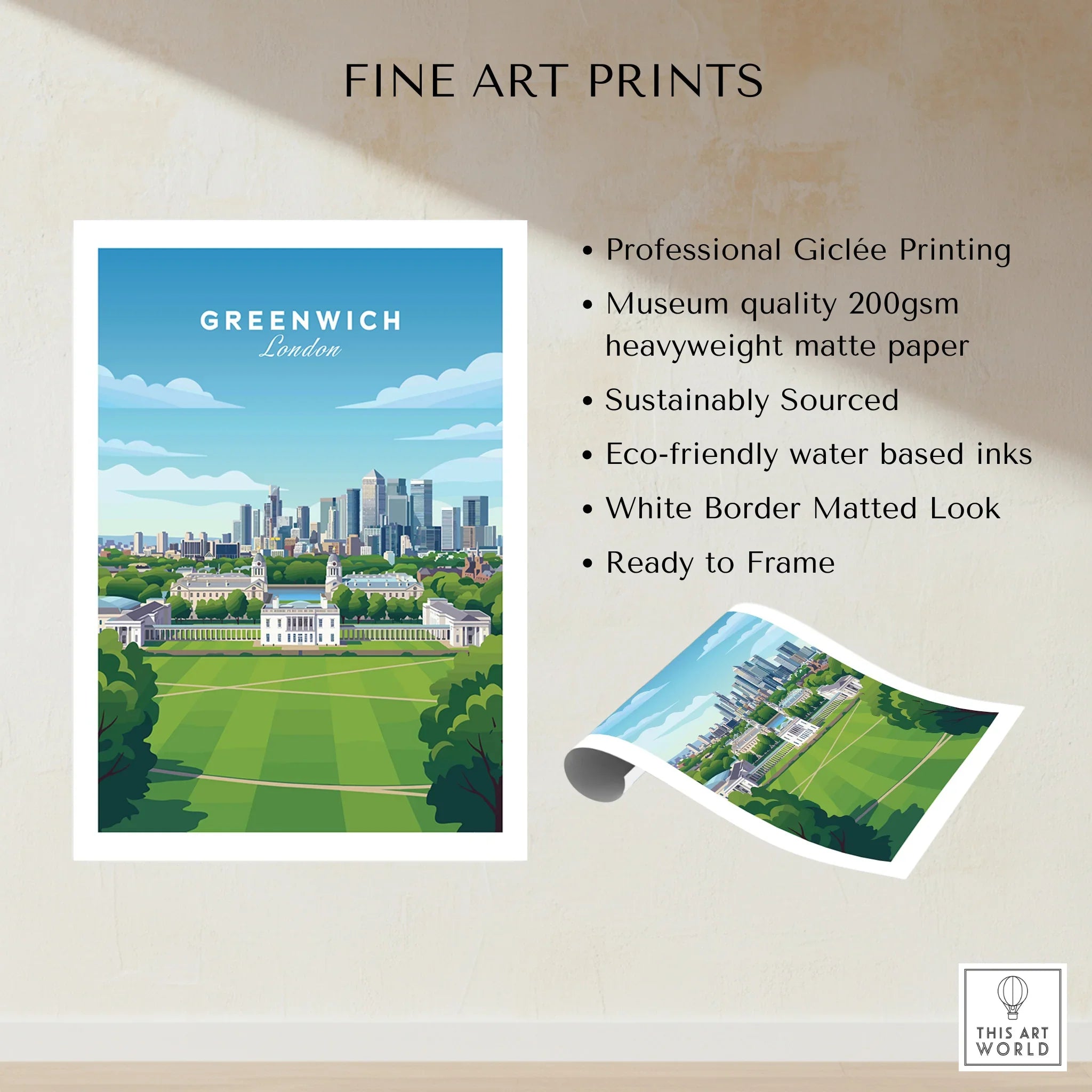 Greenwich London art print with city skyline, museum quality, eco-friendly inks, unframed.