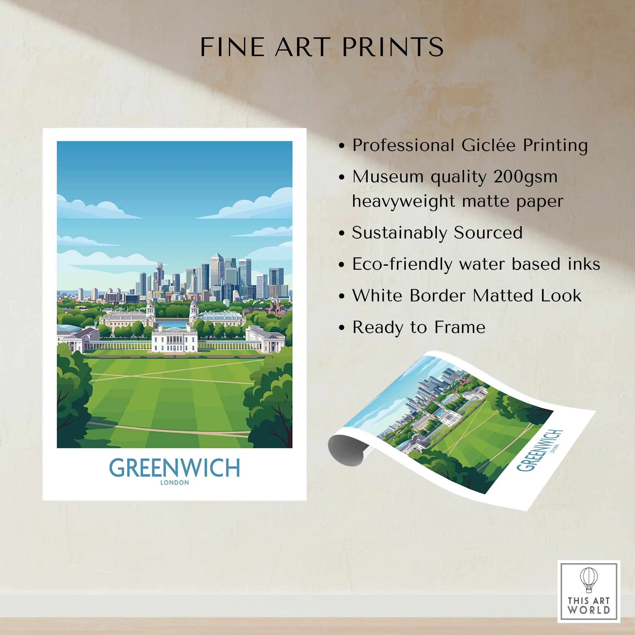 Greenwich London art print featuring city skyline, park view, and fine art print quality details.