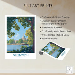 Greenwich London fine art print with river, sailboats, and domed building in scenic view
