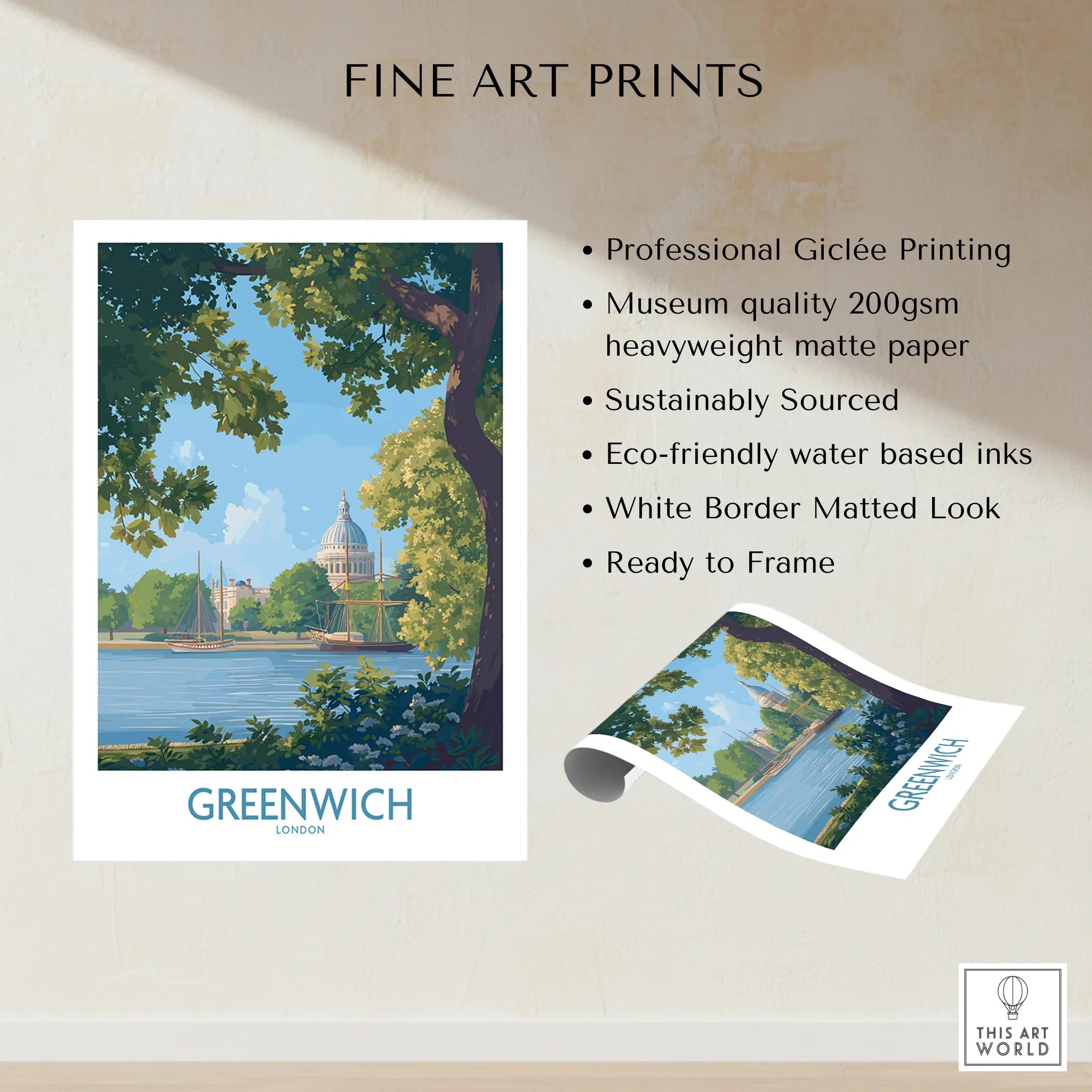 Greenwich London fine art print with river, sailboats, and domed building in scenic view