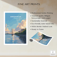 Greenwich London fine art print showing sunset by the river, unframed with white border.