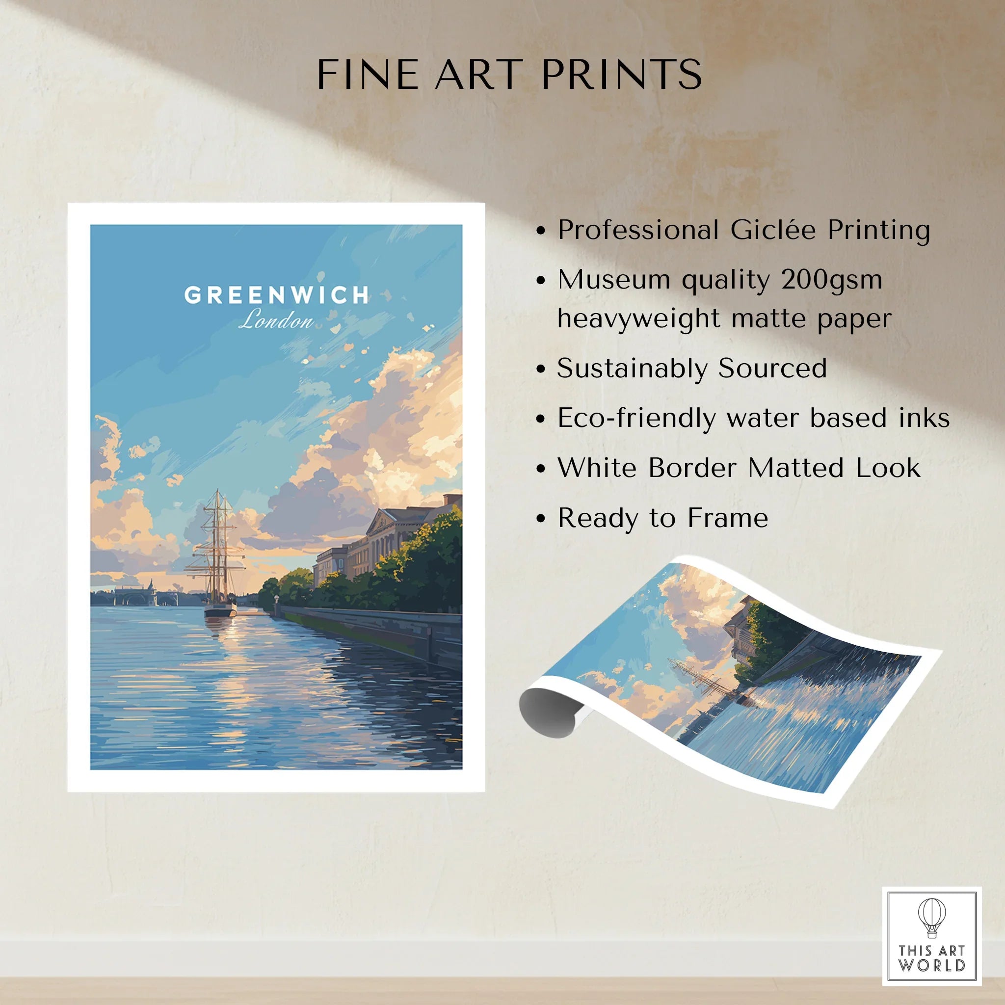 Greenwich London fine art print showing sunset by the river, unframed with white border.