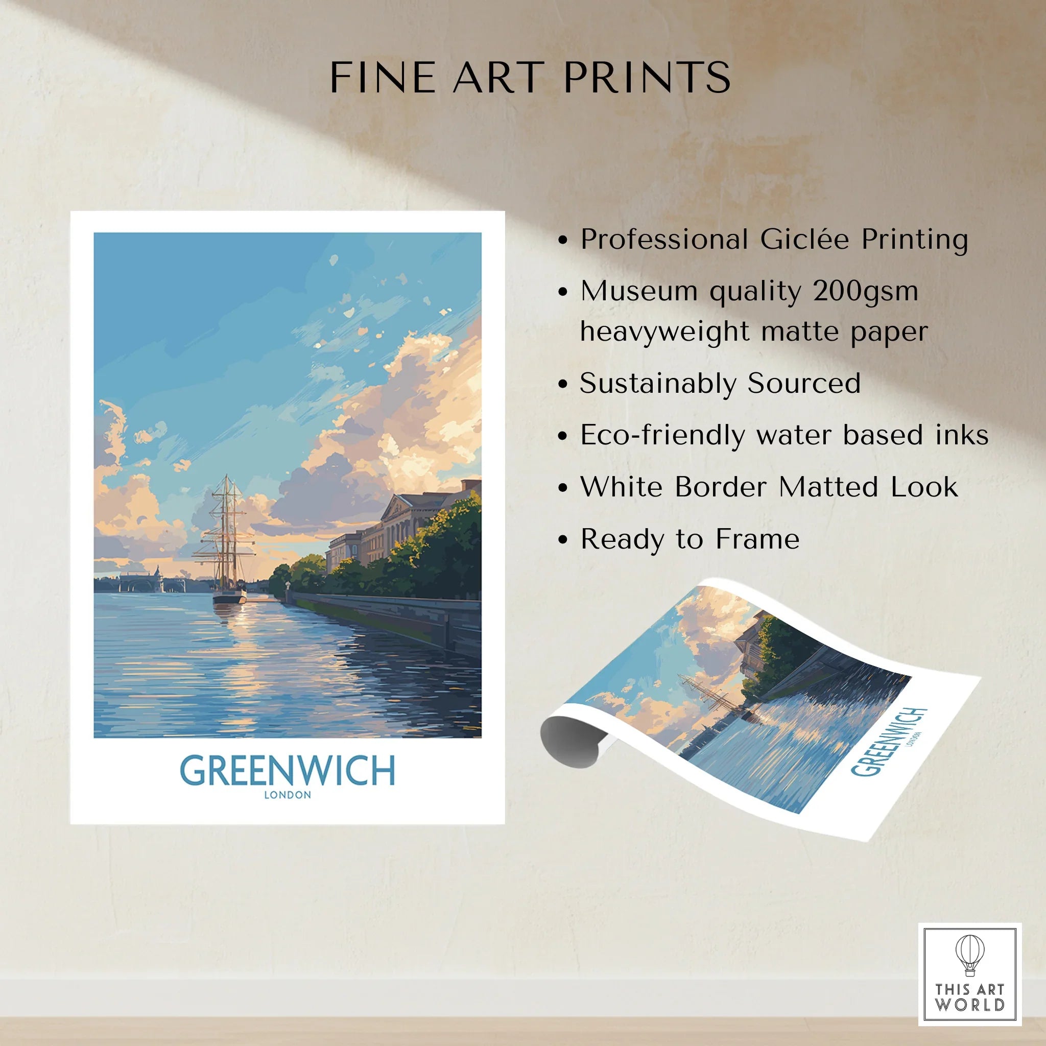 Greenwich London wall art print showing river, sailing ship, and dramatic sky, unframed fine art poster.