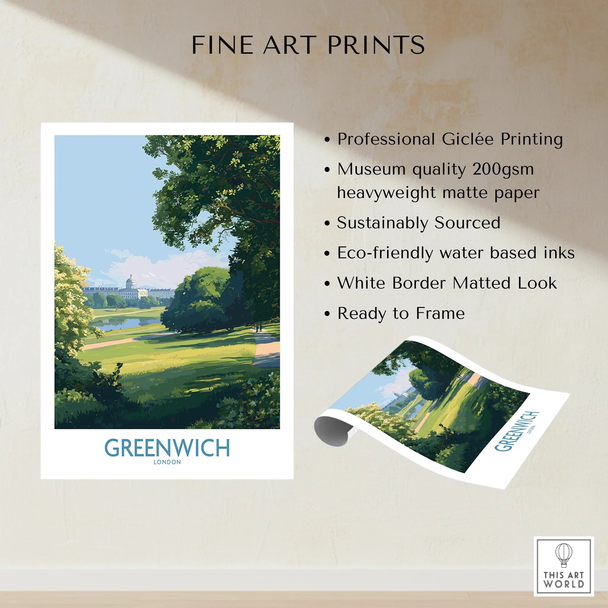 Greenwich London fine art print with park landscape, white border, unframed, eco-friendly inks