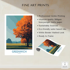 Greenwich London art print with orange autumn tree, museum-quality matte paper, ready to frame