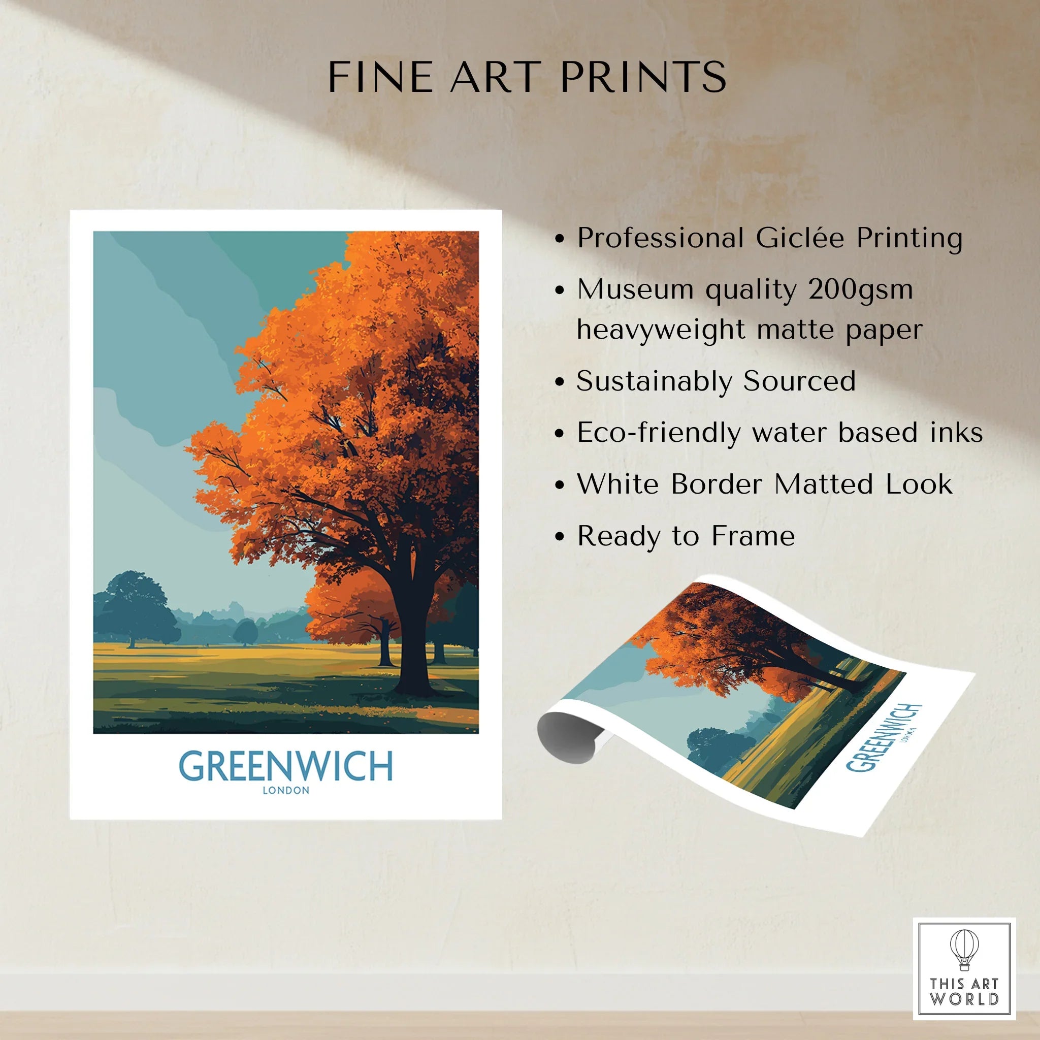 Greenwich London art print with orange autumn tree, museum-quality matte paper, ready to frame