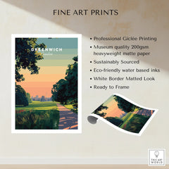 Greenwich London art print with sunset park scene, unframed fine art print details shown