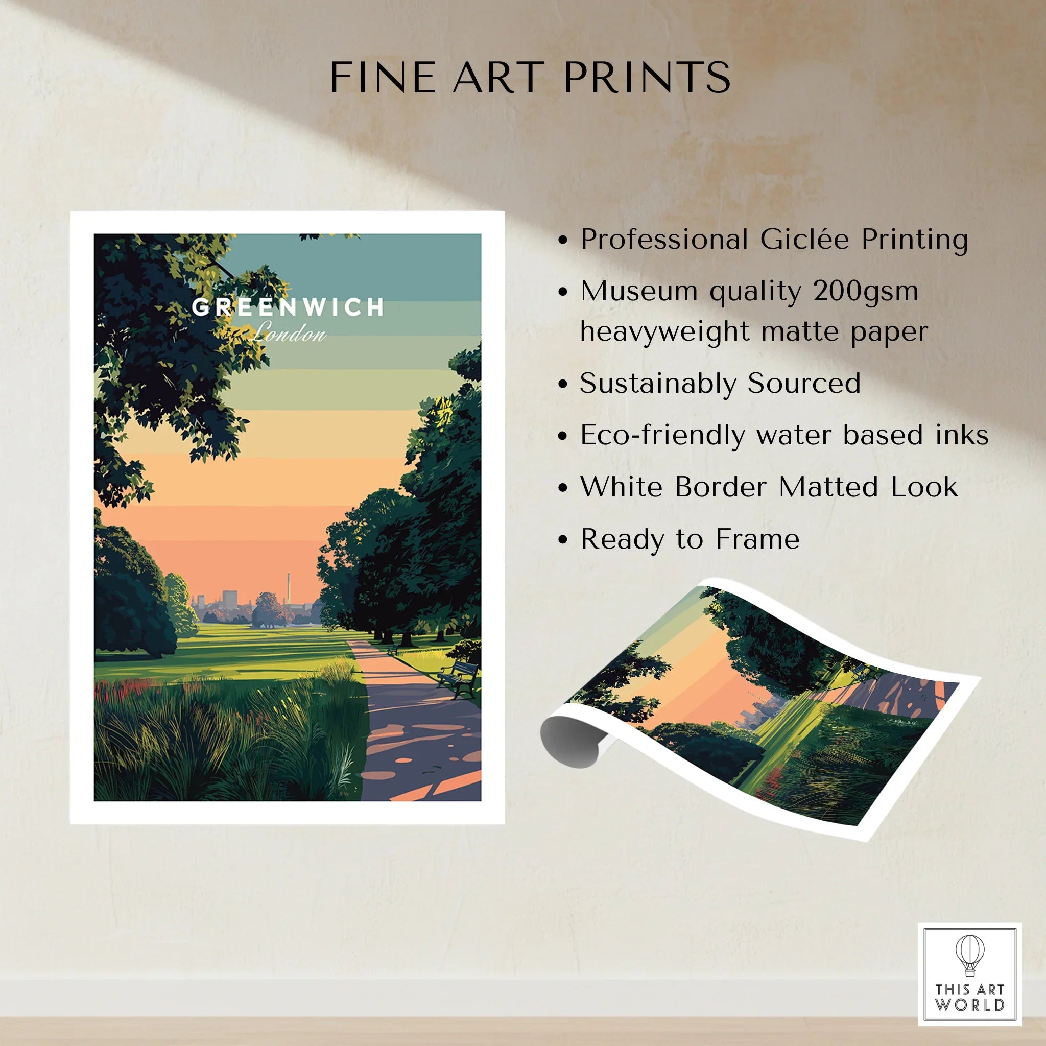 Greenwich London art print with sunset park scene, unframed fine art print details shown