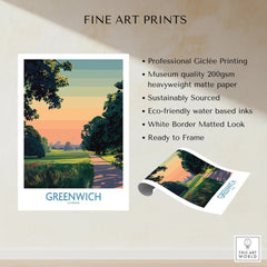 Greenwich London art print featuring a scenic park at sunset, unframed with white border.