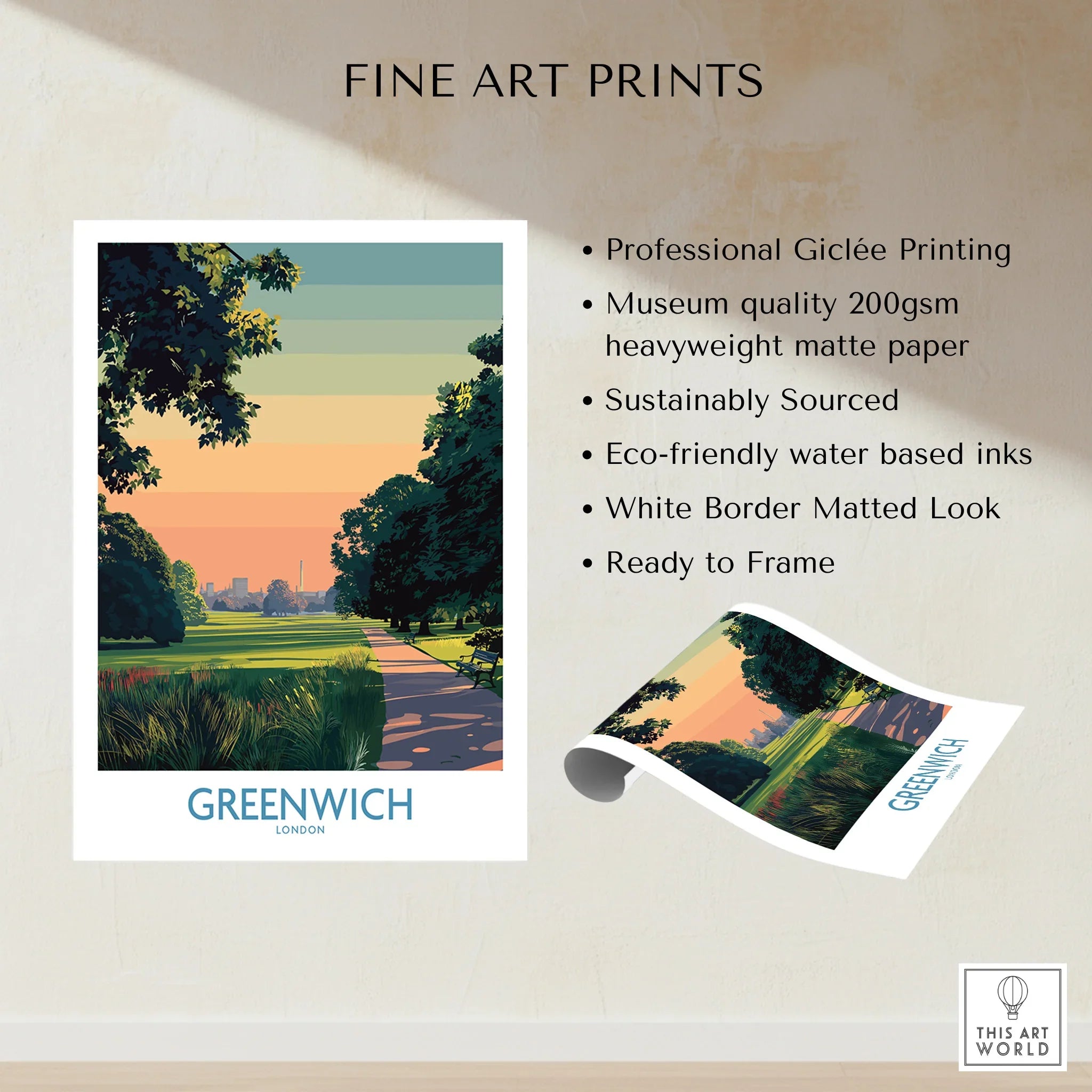 Greenwich London art print featuring a scenic park at sunset, unframed with white border.