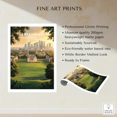 Greenwich London fine art print with city skyline and park, unframed wall art details shown.