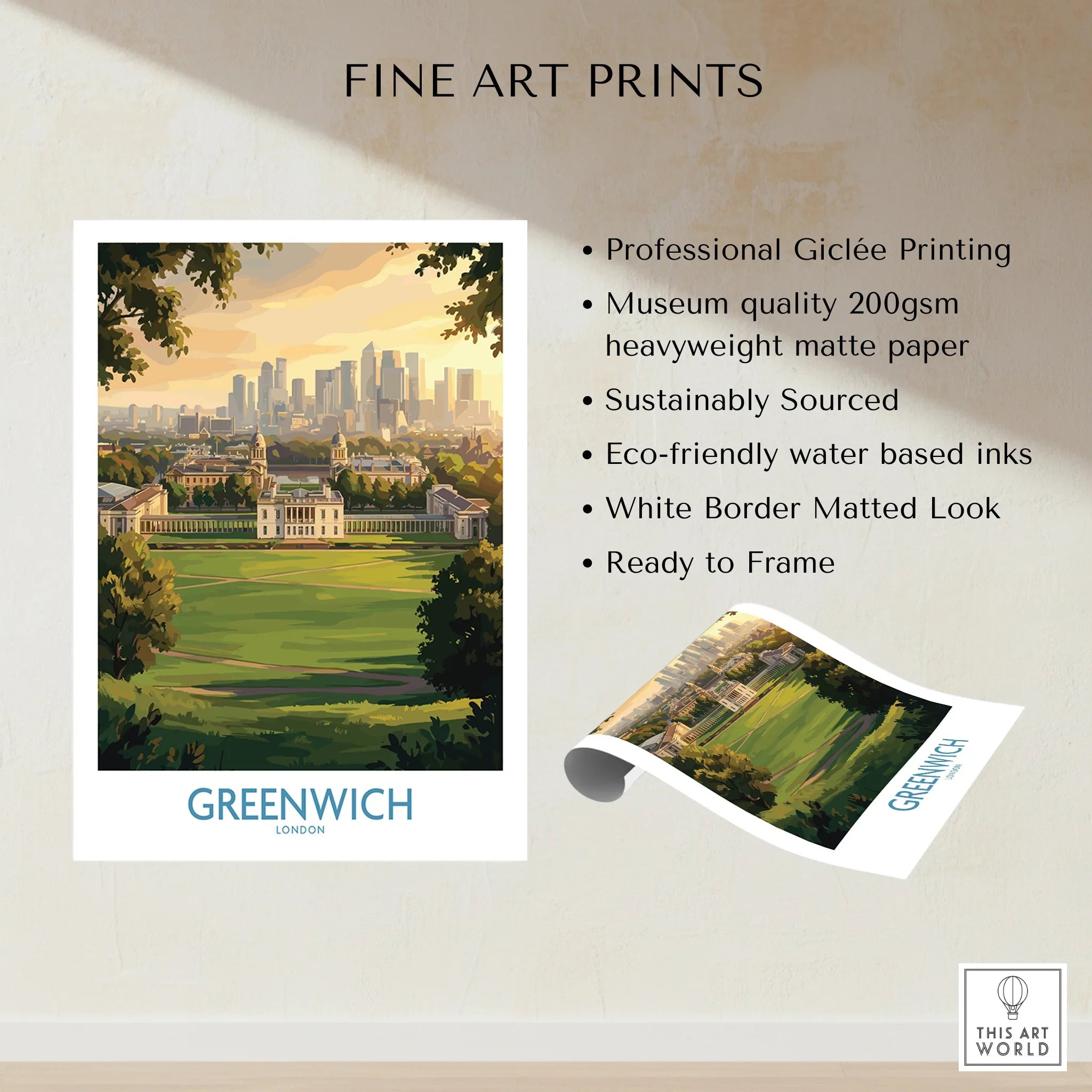Greenwich London skyline fine art print on museum quality matte paper, unframed wall art