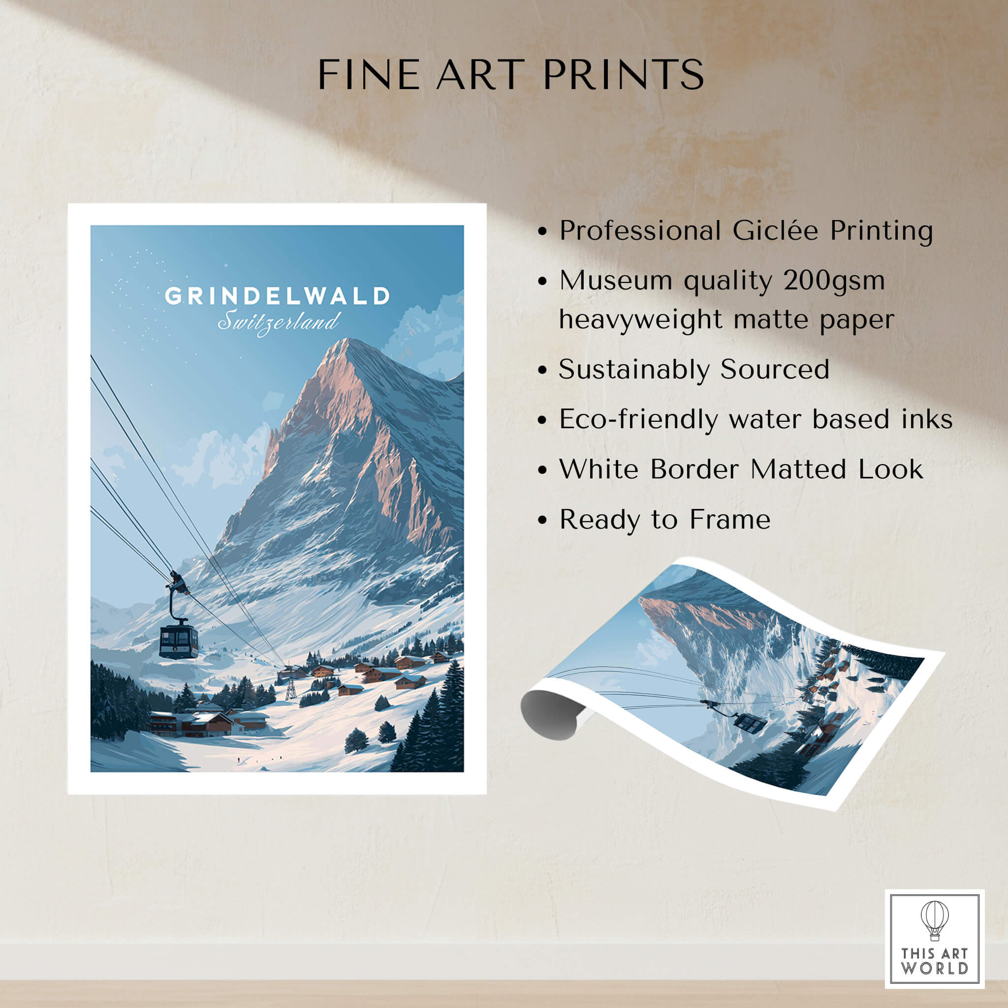 Grindelwald Switzerland Wall Art Print | Alpine Cable Car Travel Posters showcasing a stunning mountain landscape.