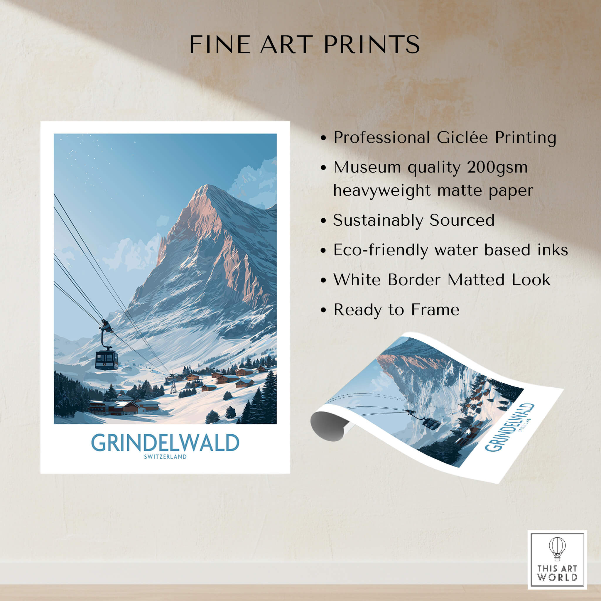 Grindelwald Switzerland Poster | Snowy Alps Mountain Scene Canvas Print showcasing professional Giclée printing and eco-friendly materials.