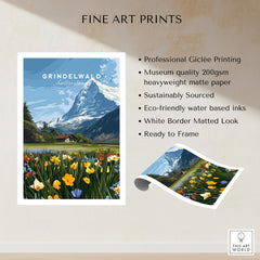 Grindelwald Switzerland Travel Poster | Alpine Wildflower Meadow Wall Art Print showcasing vibrant alpine flowers and mountains.