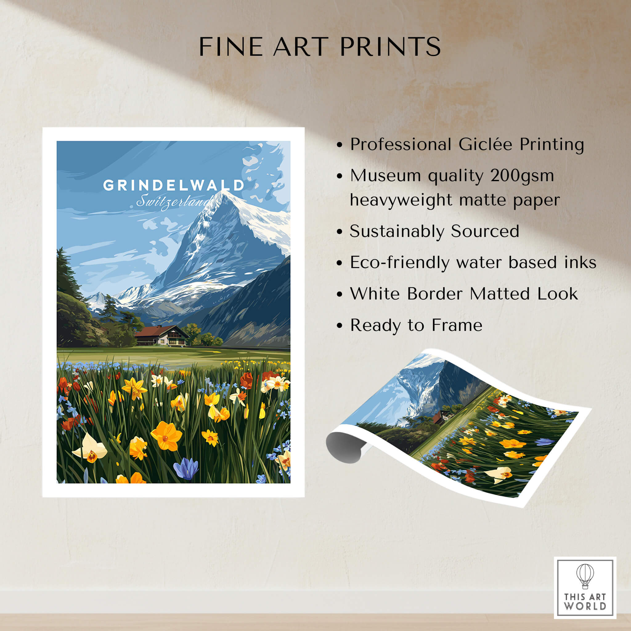 Grindelwald Switzerland Travel Poster | Alpine Wildflower Meadow Wall Art Print showcasing vibrant alpine flowers and mountains.