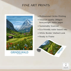 Grindelwald Switzerland Posters | Lush Green Mountain Valley Canvas Print displayed with specifications.