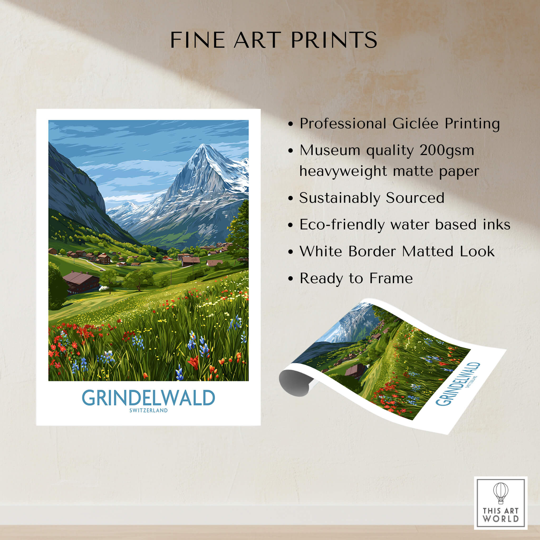 Grindelwald Switzerland Posters | Lush Green Mountain Valley Canvas Print displayed with specifications.