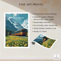 Grindelwald Switzerland Travel Poster | Iconic Mountain Railway Wall Art Print featuring a train in the Swiss Alps.