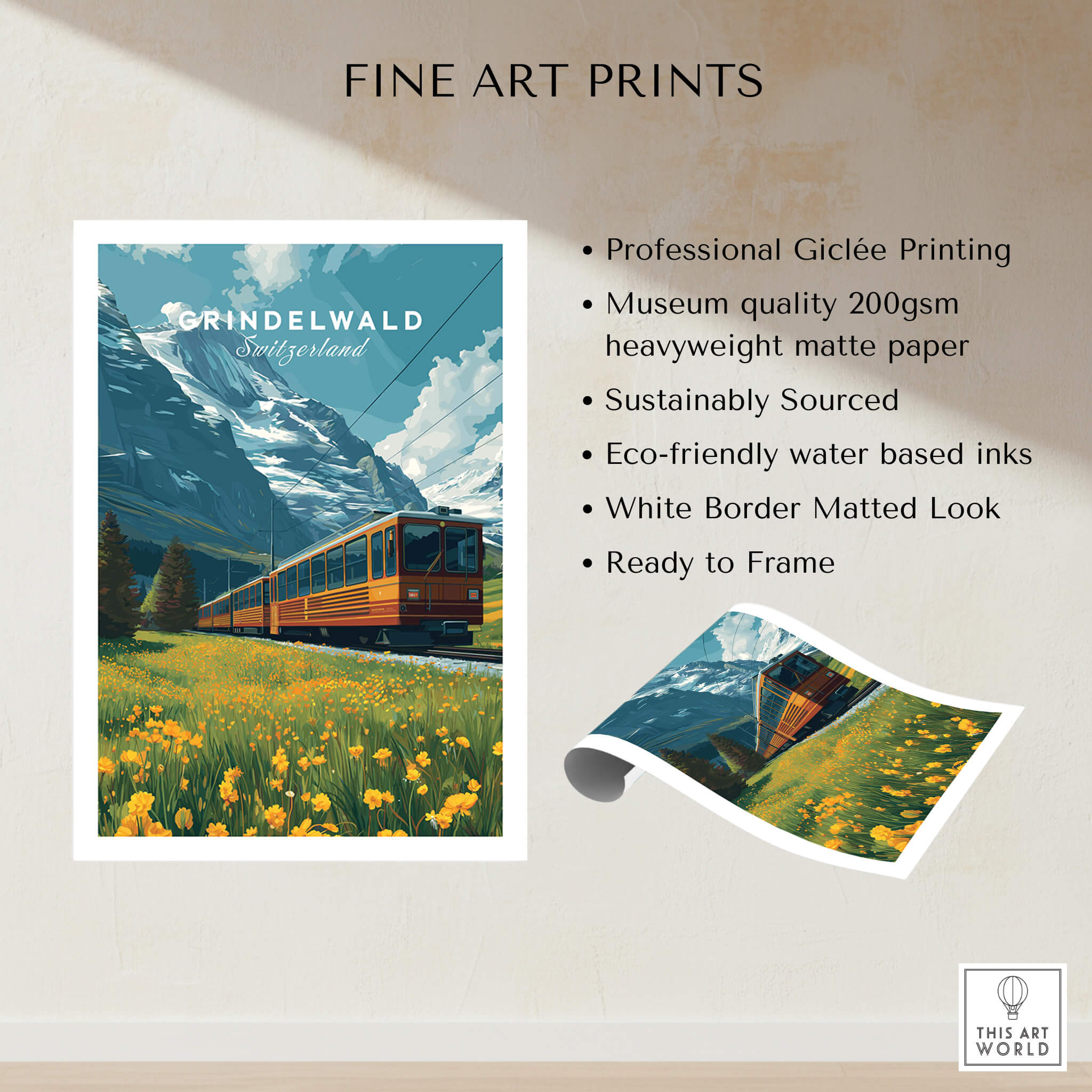 Grindelwald Switzerland Travel Poster | Iconic Mountain Railway Wall Art Print featuring a train in the Swiss Alps.
