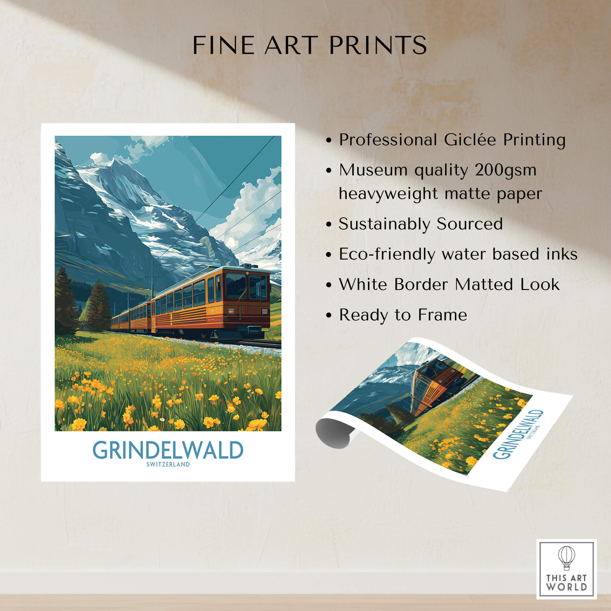 Grindelwald Switzerland Canvas Print | Swiss Alps Train Railway Scene Poster showcasing vibrant train in scenic Alpine landscape.