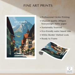 Gruyères Switzerland Wall Art Print | Medieval Village Street Travel Poster showcasing a charming medieval village scene.