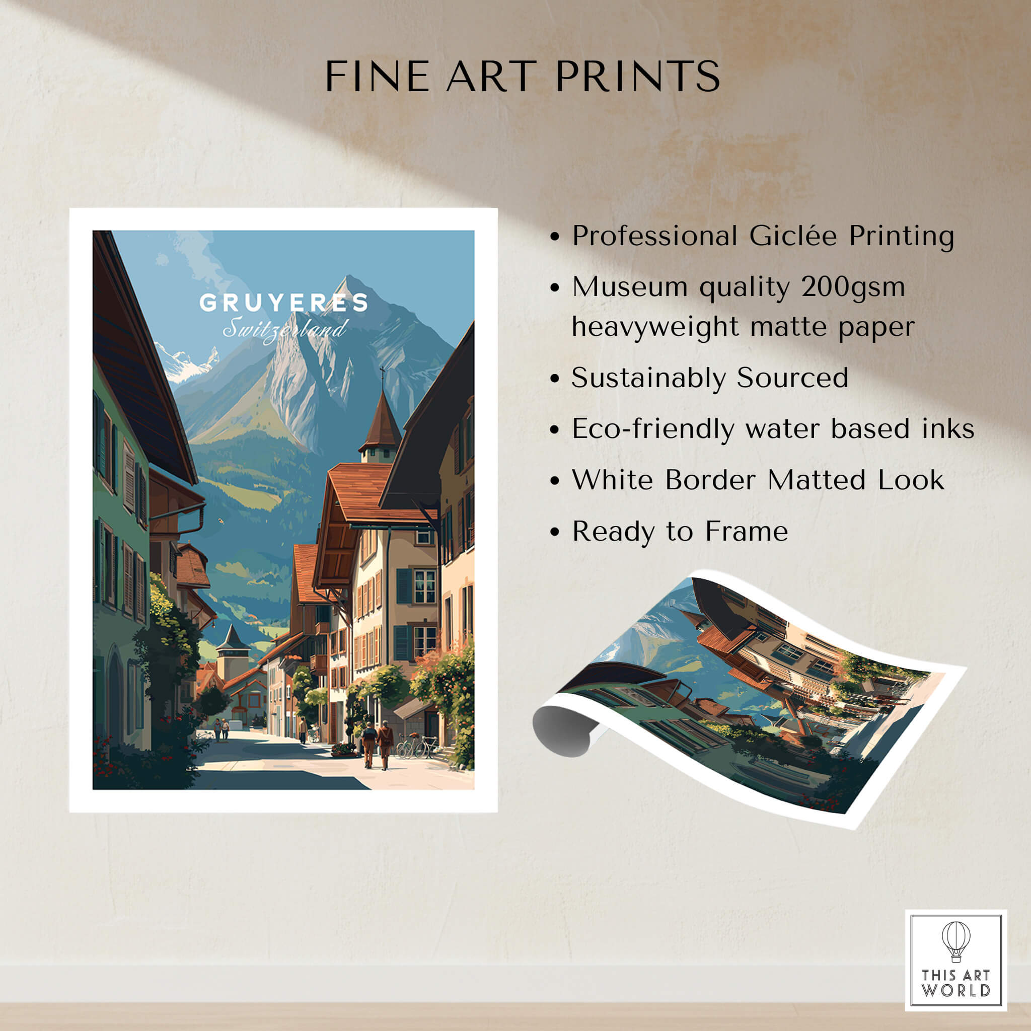 Gruyères Switzerland Wall Art Print | Medieval Village Street Travel Poster showcasing a charming medieval village scene.