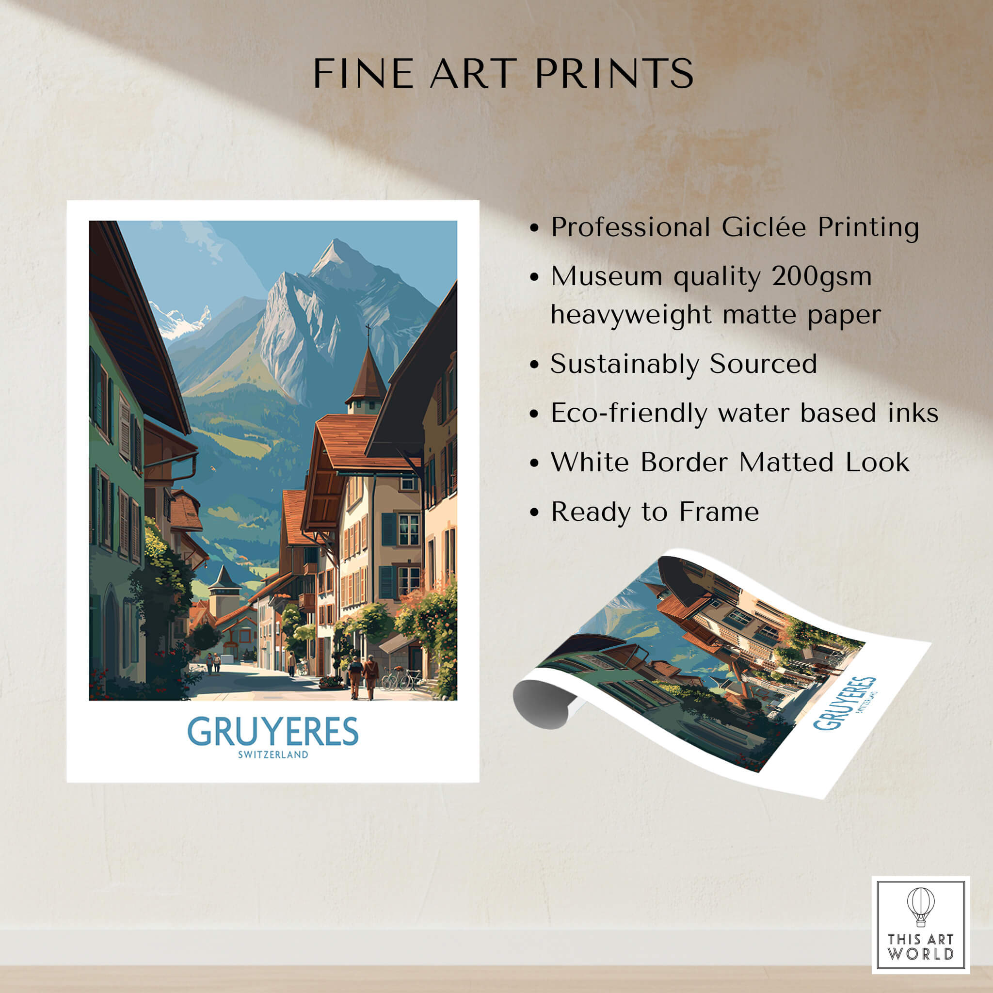 Gruyères Switzerland Poster | Historic European Town Architecture Canvas Print showcasing fine art details.