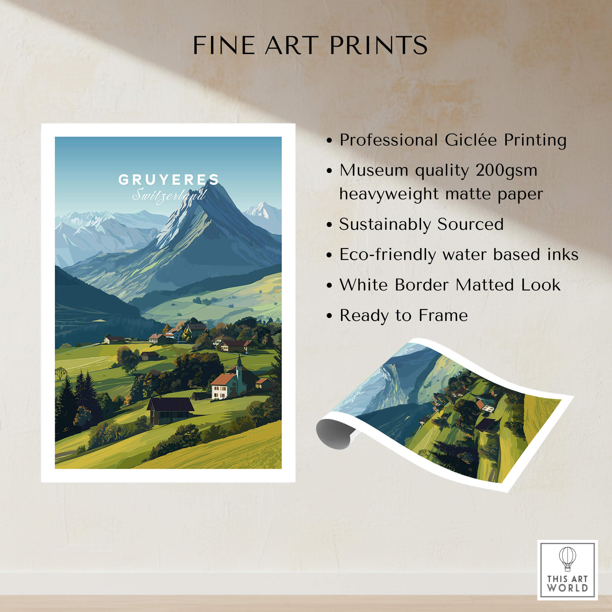 Gruyères Switzerland Travel Poster | Mountain Landscape Wall Art Print showcasing a stunning alpine view and picturesque countryside.