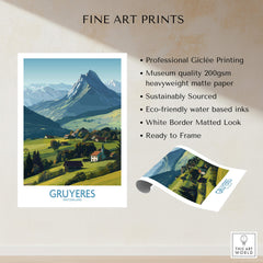 Gruyères Switzerland Canvas Print | Charming Swiss Countryside Scenery Poster showcasing scenic mountains and chalets.