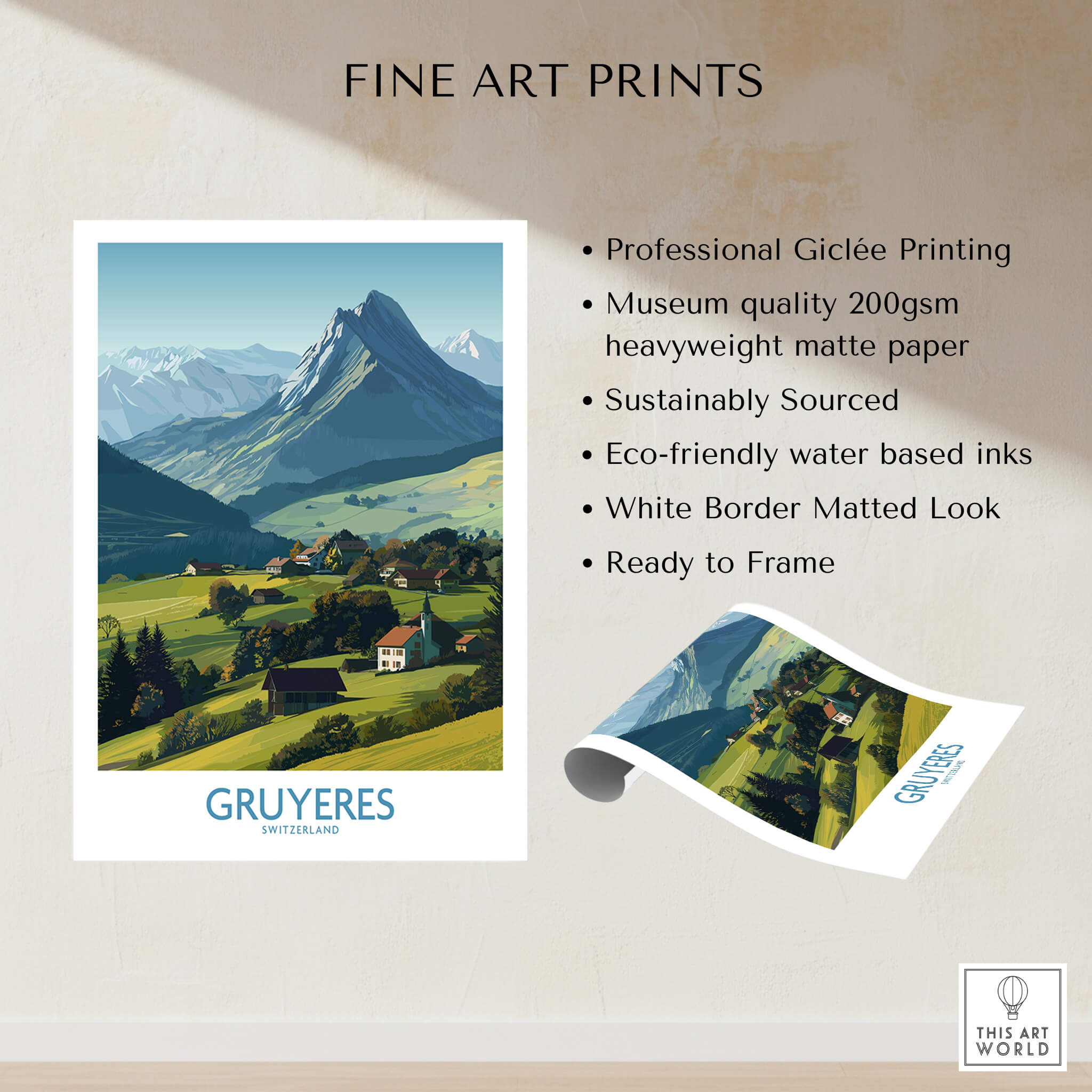 Gruyères Switzerland Canvas Print | Charming Swiss Countryside Scenery Poster showcasing scenic mountains and chalets.