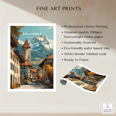 Gruyères Switzerland Wall Art Print | Swiss Travel Poster showcasing charming village and alpine scenery.