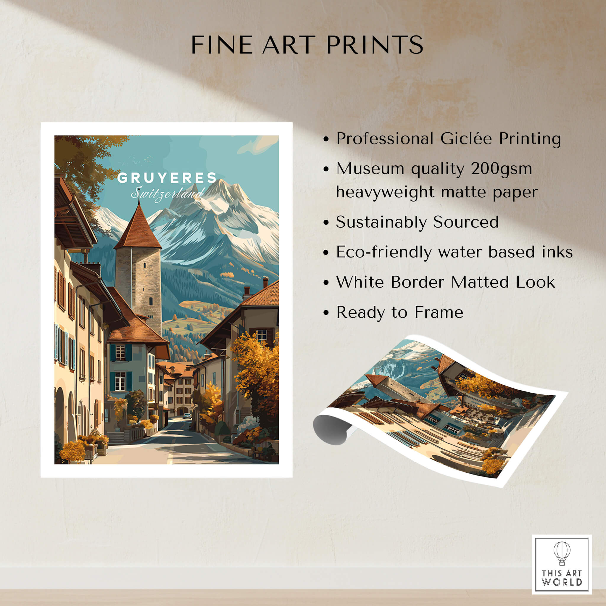 Gruyères Switzerland Wall Art Print | Swiss Travel Poster showcasing charming village and alpine scenery.