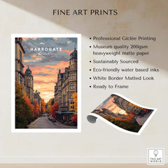 Harrogate Print | English Travel Wall Decor featuring vibrant illustration of Harrogate streets and sunset.