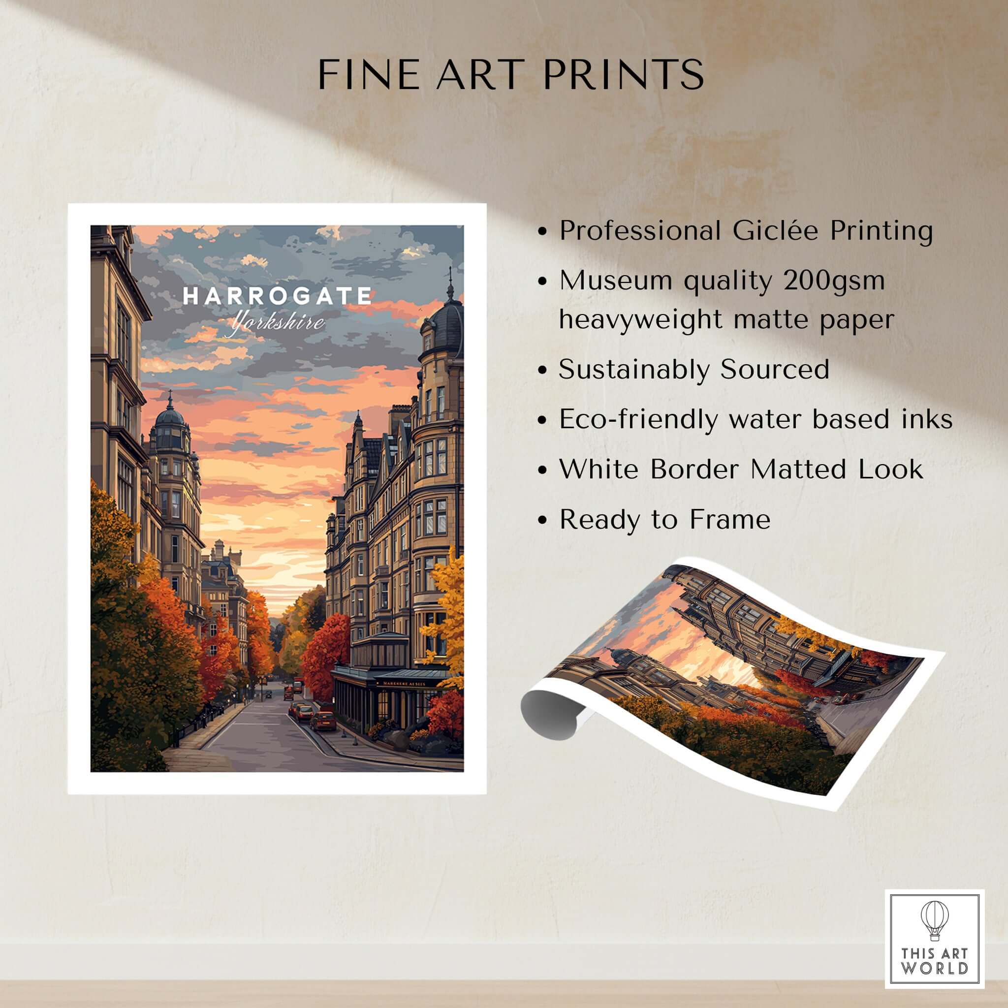 Harrogate Print | English Travel Wall Decor featuring vibrant illustration of Harrogate streets and sunset.