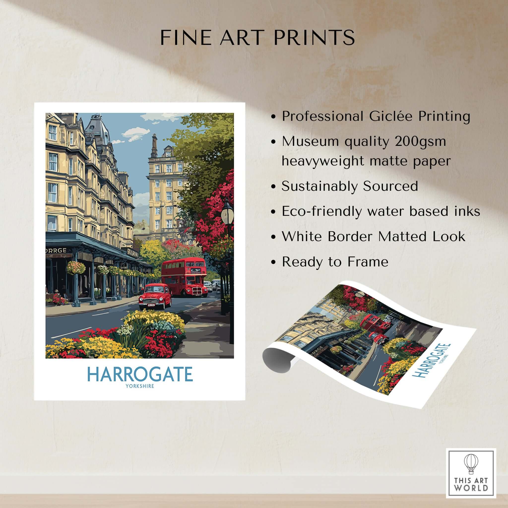 Harrogate Yorkshire Print | Floral Street Scene Poster showcasing vibrant architecture and floral details.