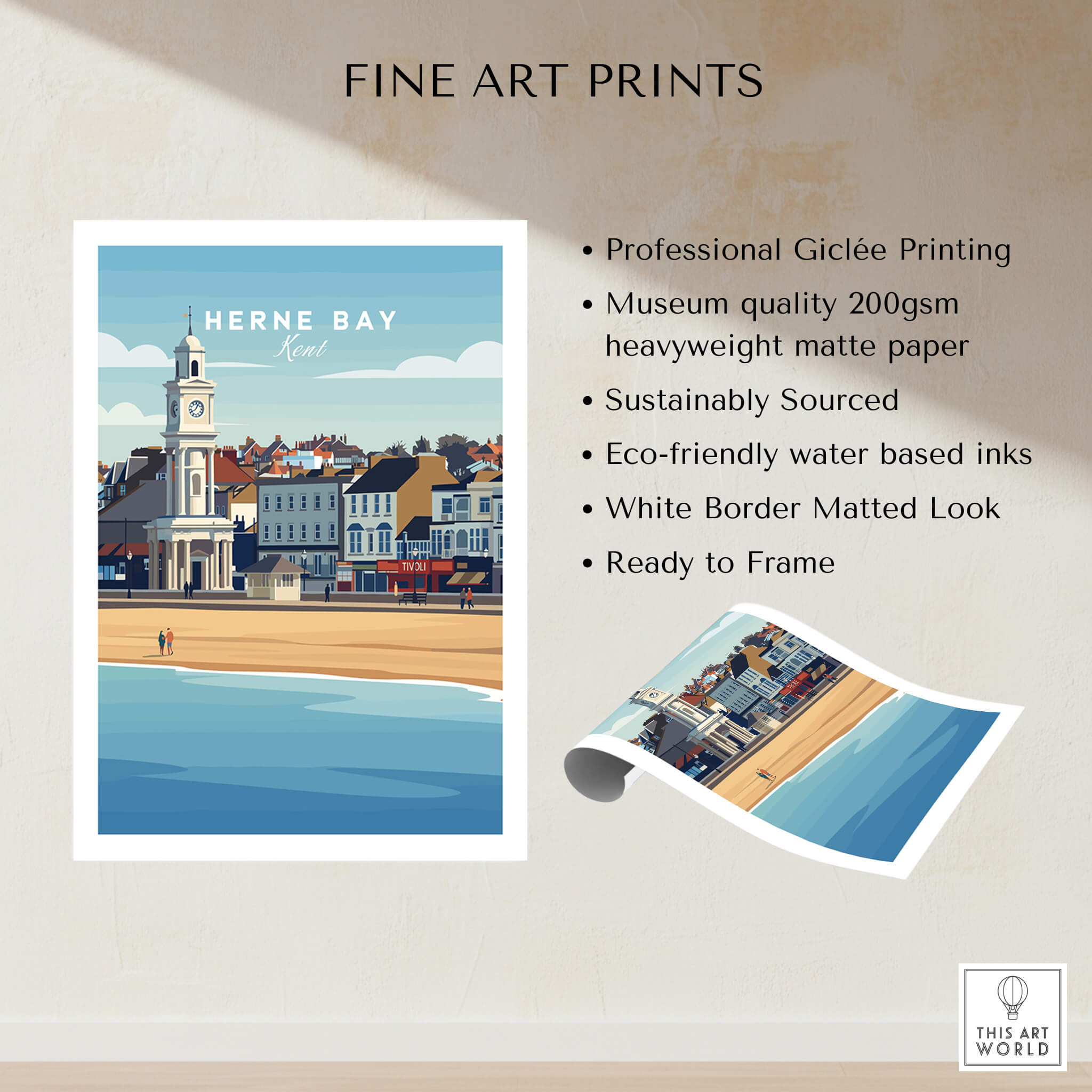 Herne Bay Kent Wall Art Print | British Travel Poster showcasing a coastal scene and fine art details.