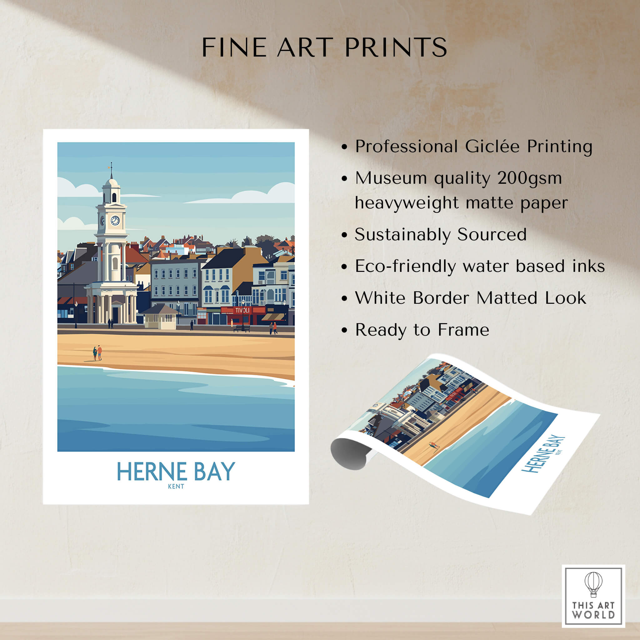 Herne Bay Kent Canvas Print Poster featuring a scenic beach view with iconic structures and professional Giclée printing.