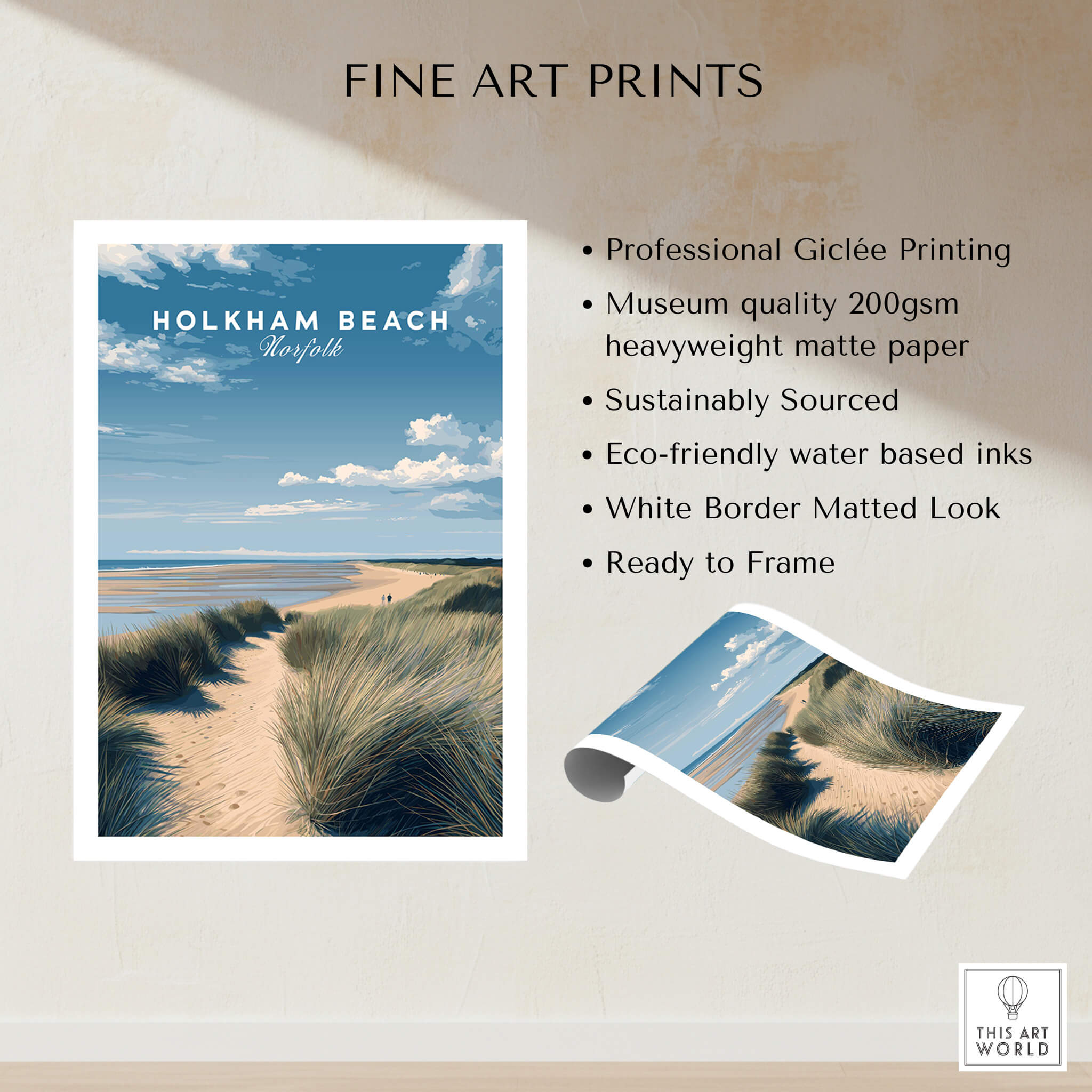Holkham Beach Norfolk Wall Art Print | Coastal Sand Dunes Travel Poster showcasing stunning coastal scenery.