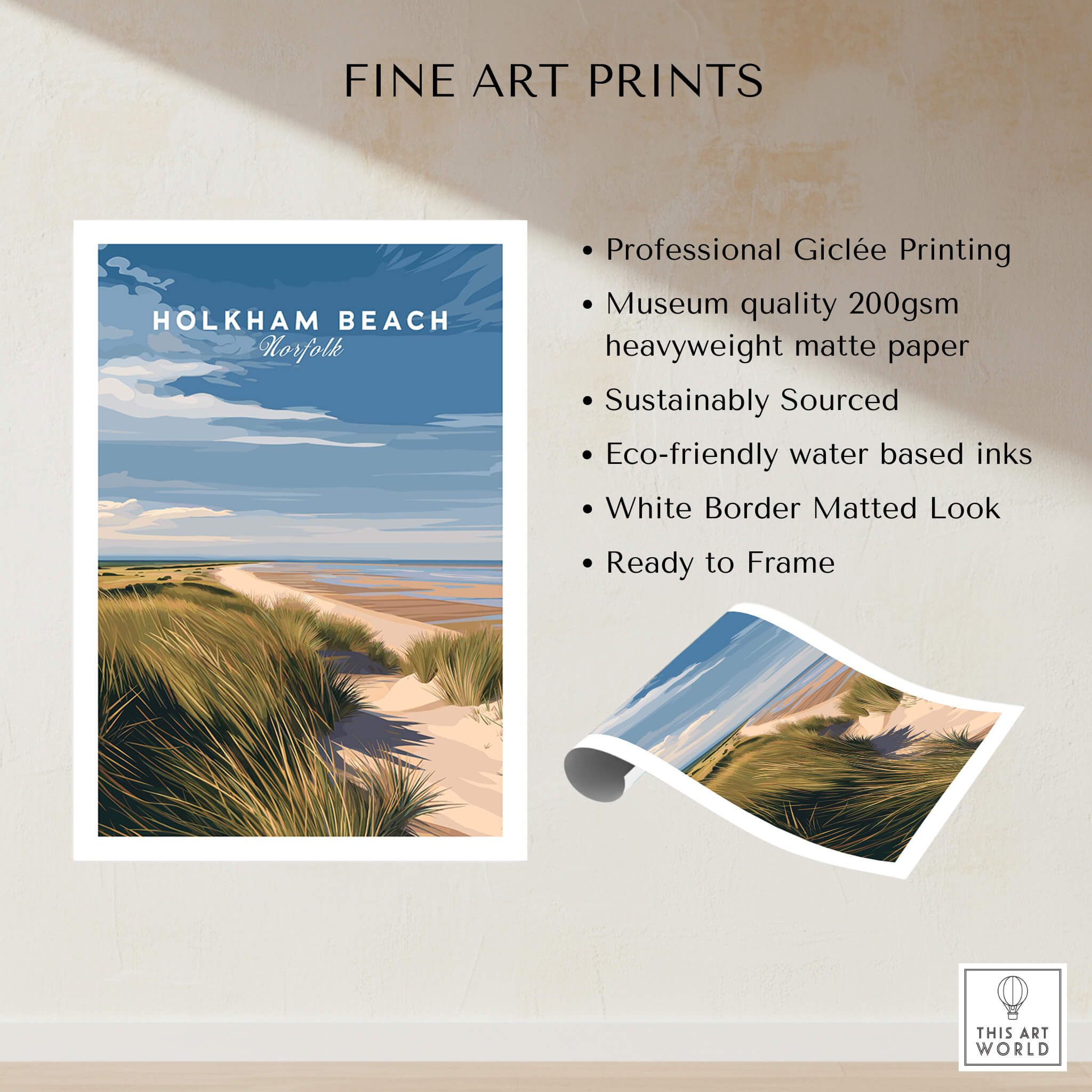 Holkham Beach Norfolk Travel Poster | Serene Beach Pathway Wall Art Print showcasing professional printing and eco-friendly design.