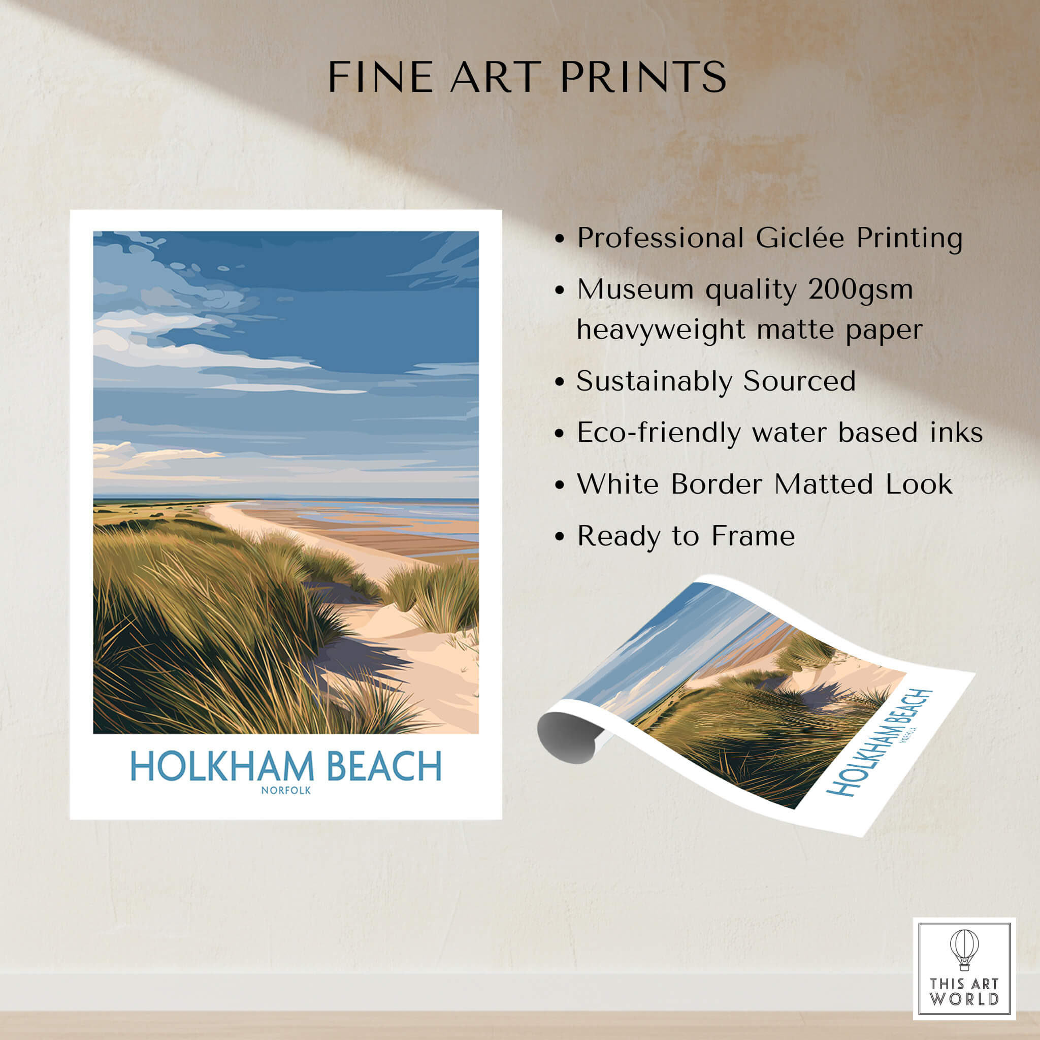 Holkham Beach Norfolk Canvas Print | Minimalist British Seaside Landscape Poster with details of fine art print features.