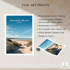 Holkham Beach Norfolk Wall Art Print | British Beach Travel Poster showcasing a scenic beach view and sustainable features.